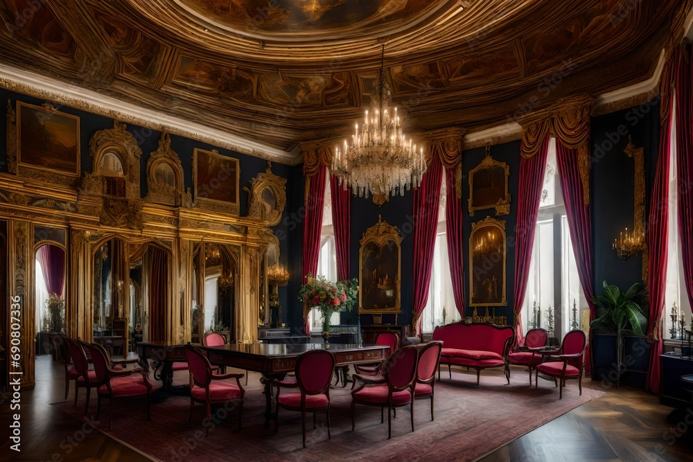 An aristocratic salon adorned with Baroque-style frescoes, luxurious drapes, and antique furnishings