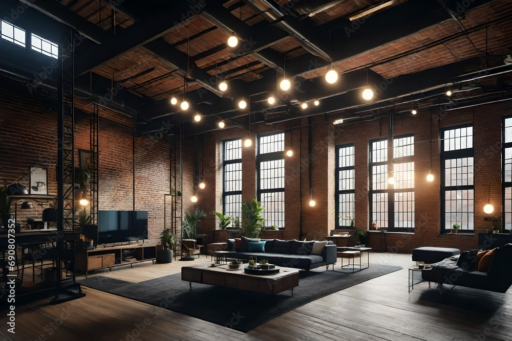 A trendy urban loft with brick walls, industrial lighting, and a mix of vintage and modern elements A trendy urban loft with brick walls, industrial lighting, and a mix of vintage and modern elements