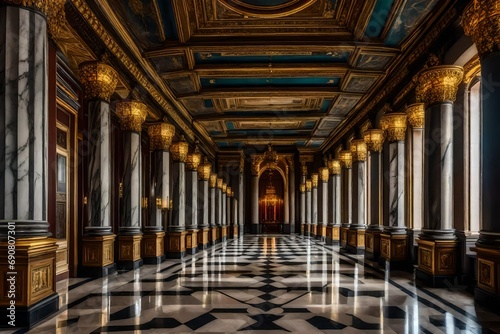 A palatial corridor with marble columns, opulent sconces, and majestic oil paintings