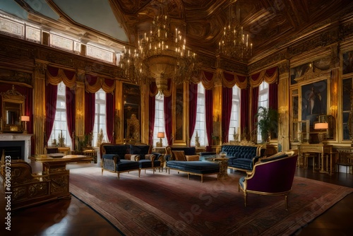 An opulent drawing room adorned with ornate gilded furnishings, lavish tapestries, and intricate moldings