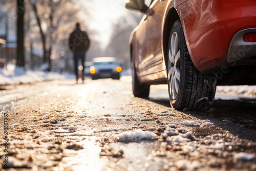 Winter travel. Close-up side view of car automobile wheels with winter tires on a snowy frost slippery road with sun light. Person in front. Concept of driving and driving safety