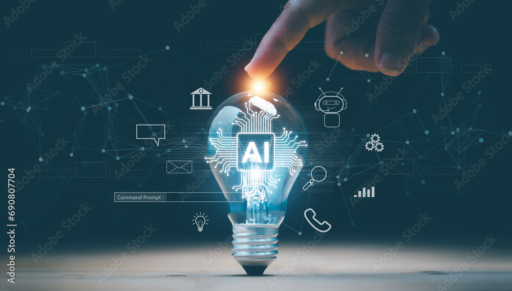 Artificial intelligence or AI of futuristic technology concept, Lightbulb on table with finger point on top, Internet of Things, futuristic innovation, smart communication network. - obrazy, fototapety, plakaty 