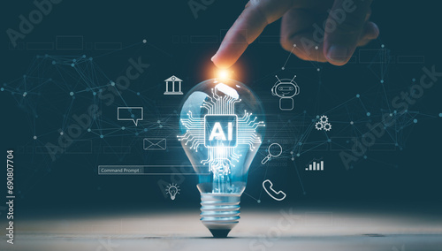 Artificial intelligence or AI of futuristic technology concept, Lightbulb on table with finger point on top, Internet of Things, futuristic innovation, smart communication network.