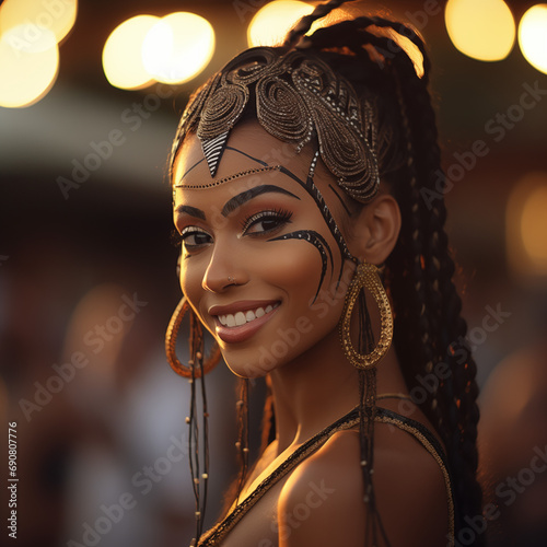 Beautiful black woman with braids, masked with temperas, video, portrait, forehead and hairstyle visible, Rio De Janeiro, masquerade ball photo