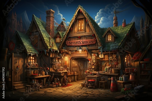 Fantasy medieval shop with artisan tools and whimsical decorations