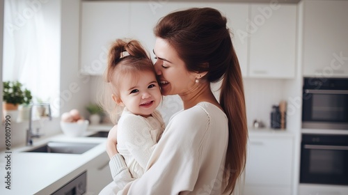 Attractive young woman mother with little cute baby girl are spending time together at home. Happy family concept. Mother's day. AI.
