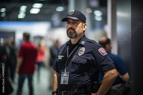 A vigilant marketing police officer patrols a bustling marketplace, diligently upholding regulations to promote fair competition and prevent deceptive marketing practices photo