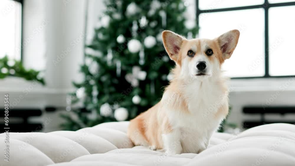 Portrait of adorable, happy smiling dog of the corgi breed. New Year's holiday atmosphere. Beloved pet in the beautiful home. Portrait of adorable, happy smiling dog of the corgi breed. New Year's holiday atmosphere. Beloved pet in the beautiful home.