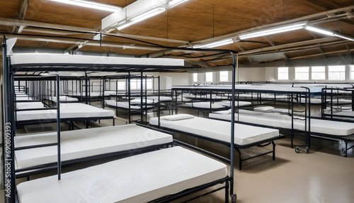 Rows of beds in a shelter. The concept is social assistance.
