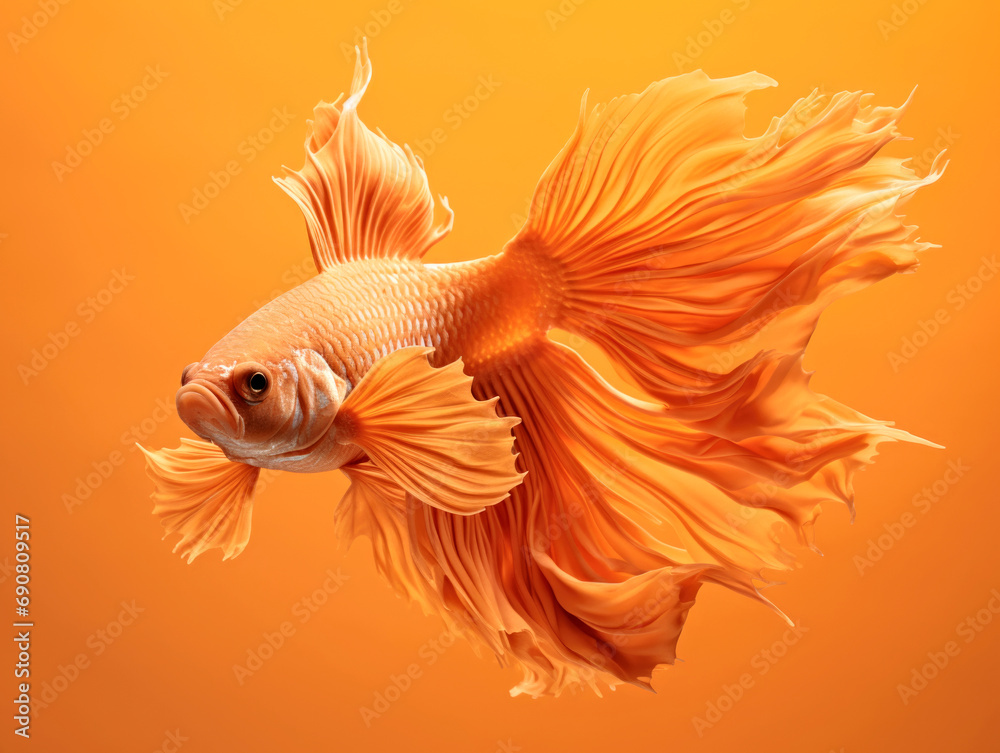 Fototapeta premium An orange fish with a long tail on a yellow background, peach fuzz, color of the year 2024, monochromatic image