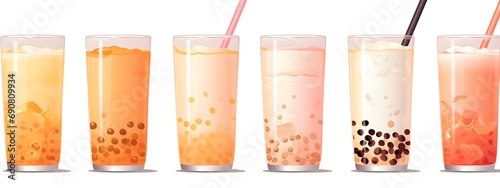 Bubble tea milkshake with fruits, dessert with tapioca balls, cold Chinese summer cocktail.