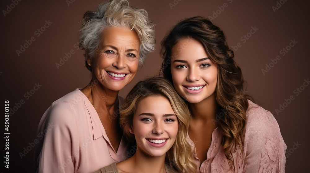 different generations of women, family, mother, daughter, grandmother, beautiful girl, elderly lady, international women's day, feminism, feminine portrait, beauty, relatives, love, stylish, studio