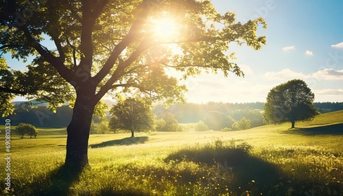 Landscape in summer with trees and meadows in bright sunshine 