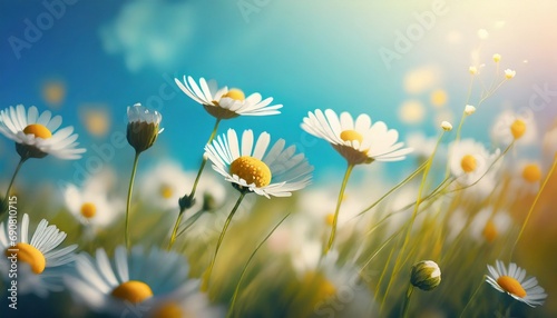 Picturesque summer landscape and daisy flowers macro shot. blue sky 