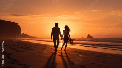 A man and a woman walking on a beach at sunset © Friedbert