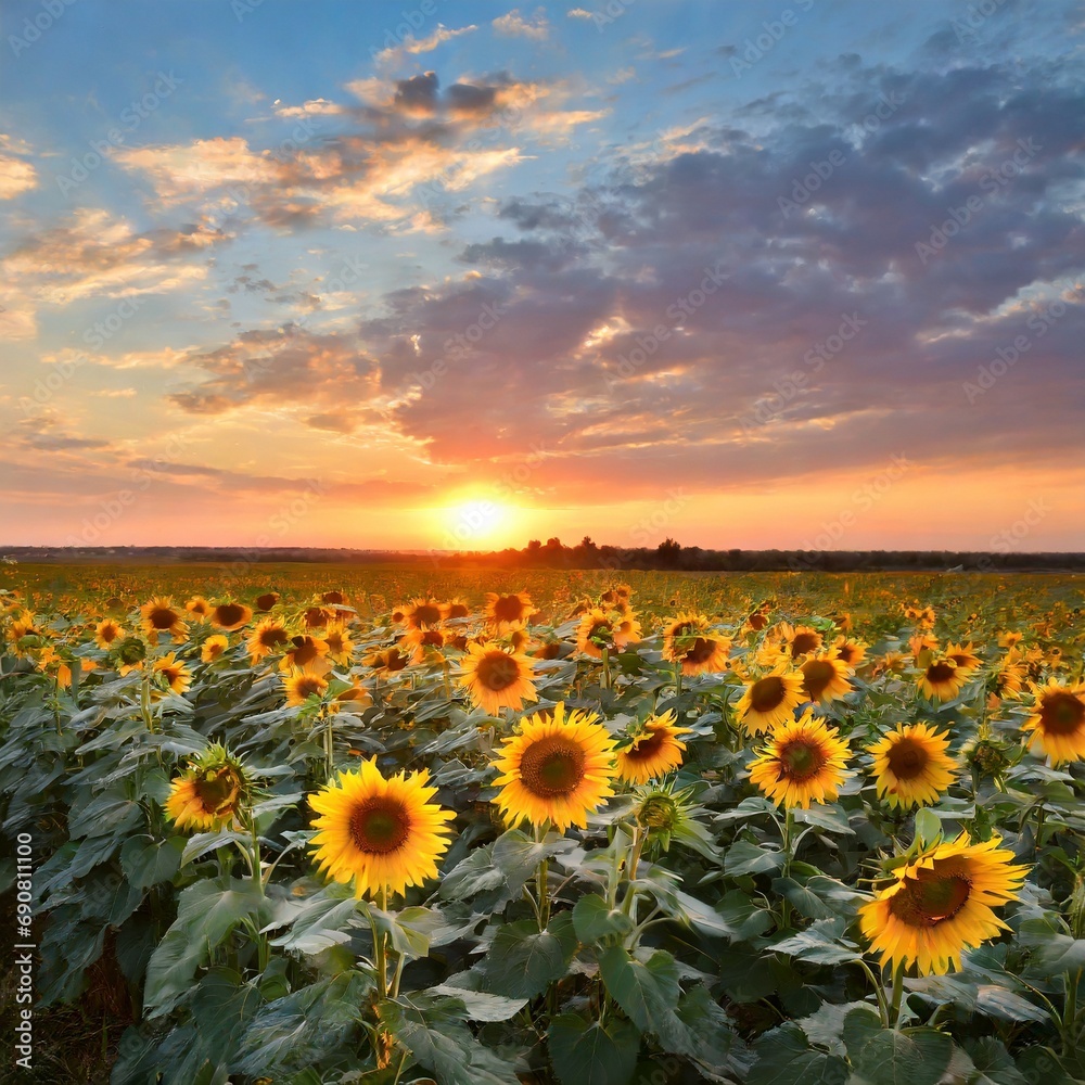 Summer landscape- beauty sunset over sunflowers field