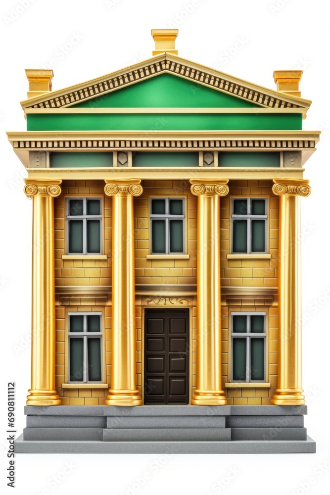 A golden building with columns and a green roof