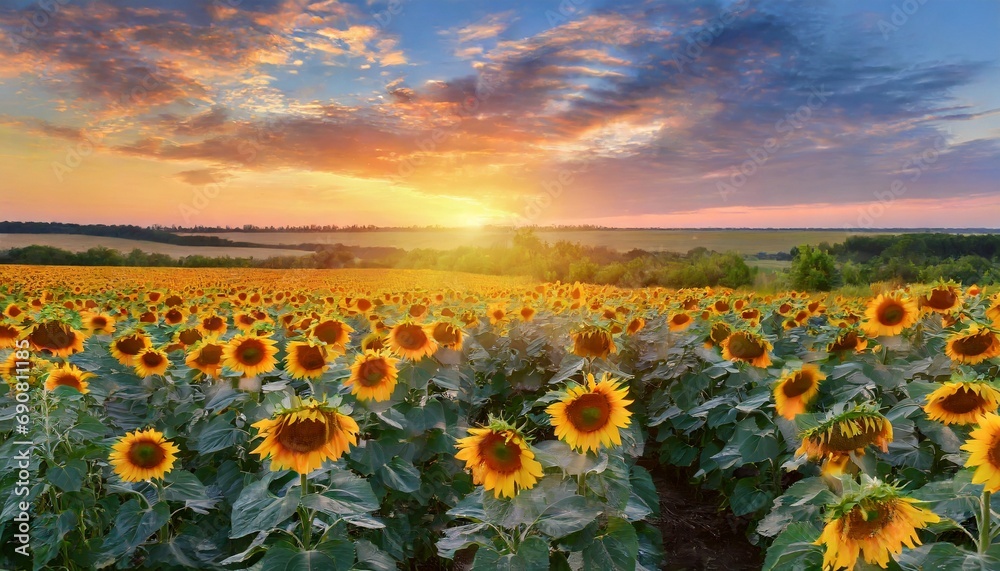 Obraz premium Summer landscape- beauty sunset over sunflowers field