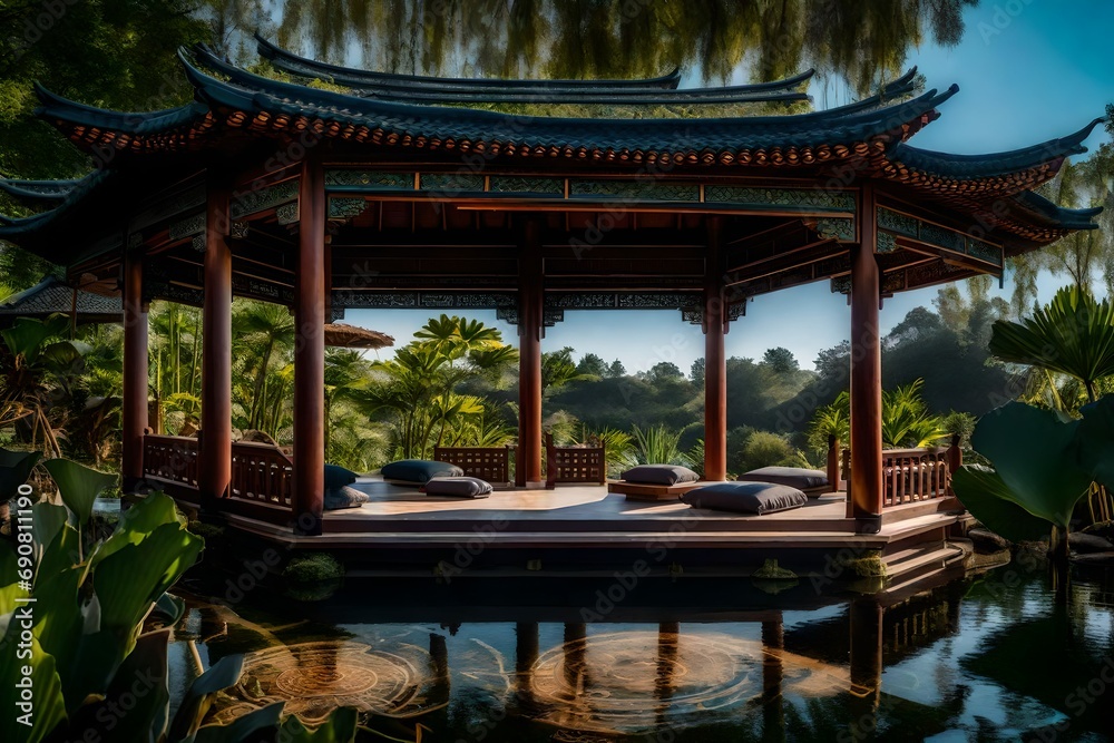 A tranquil meditation pavilion with a lotus pond, wooden carvings, and meditation cushions
