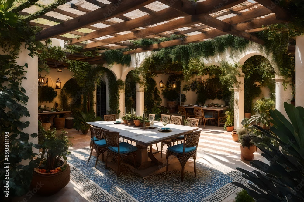 A Mediterranean-style courtyard with a pergola-covered dining area, mosaic tile fountain, and lush vegetation A Mediterranean-style courtyard with a pergola-covered dining area, mosaic tile fountain, and lush vegetation