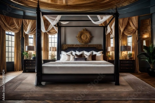 A luxurious bedroom featuring a canopy bed  rich tapestries  and Venetian plaster walls
