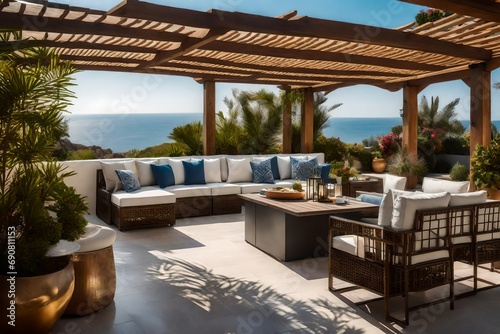 A tranquil outdoor terrace with Mediterranean-style pergolas, comfortable seating, and coastal views