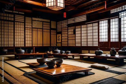 A Japanese-style tea room with tatami mats, low seating, and traditional tea ceremony utensils