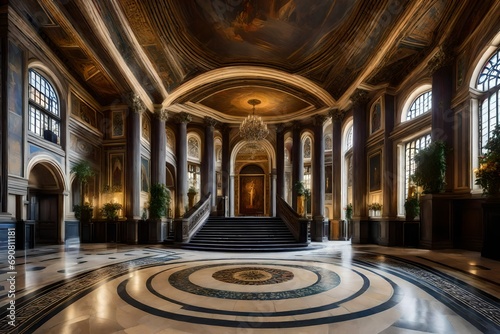 A grand entrance hall with mosaic tile flooring  a sweeping staircase  and frescoed ceilings