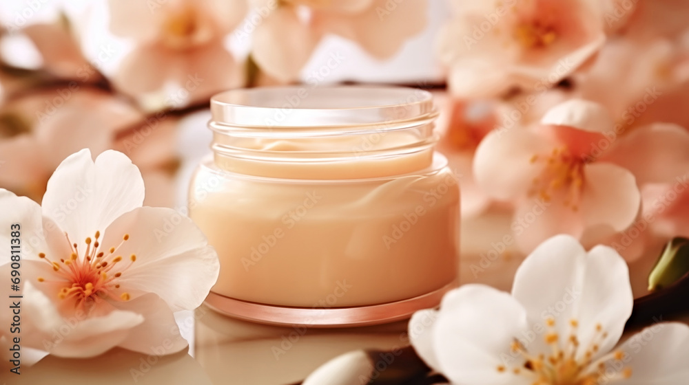 A jar of cream sitting on top of a table, peach fuzz, color of the year 2024, monochromatic image A jar of cream sitting on top of a table, peach fuzz, color of the year 2024, monochromatic image