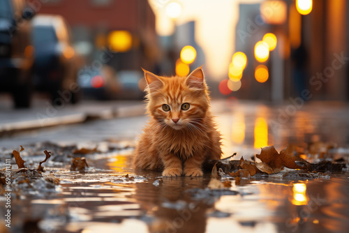 Kitten Abandoned in the Rain on the City Streets, a Small Warrior Facing the Storm of Urban Neglect, a Heartrending Tale of Resilience and Survival Amidst Concrete Desolation photo