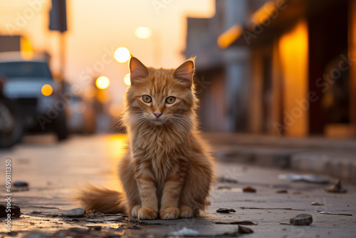 Urban Cat in the City Streets, a Streetwise Wanderer Adapting to Asphalt Wilderness, Reflecting the Resilience and Independence of Urban Feline Majesty photo