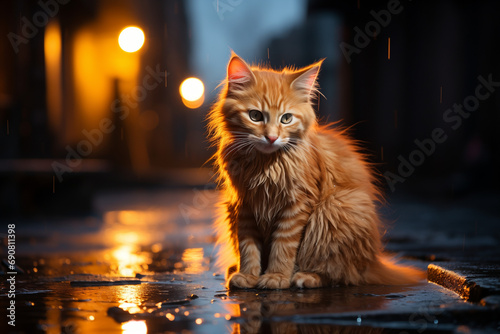 Kitten Abandoned in the Rain on the City Streets, an Urban Orphan Soaked in Raindrops, a Testimony to Fragile Innocence Confronting the Cruelty of Urban Abandonment
