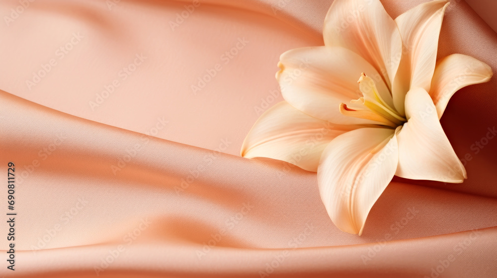 A white flower sitting on top of a pink cloth, peach fuzz, color of the year 2024, monochromatic image