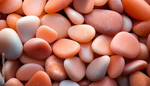 a close up of a pile of peachy  pastel color  matte pebbles, peach fuzz color of the year 2024  photo