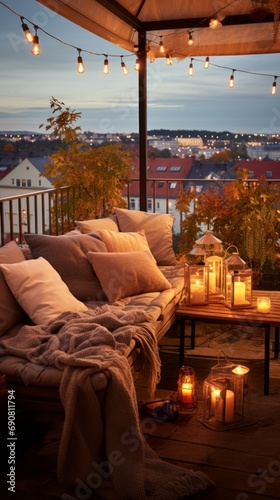 View over cozy outdoor terrace with outdoor string lights. Evening on the roof terrace of a beautiful house with lanterns