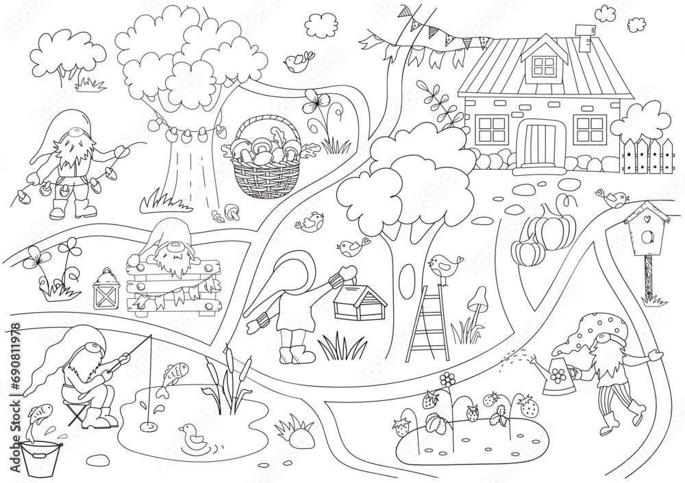 Coloring Page For Children With A Gnome City Where One Gnome Fishes, Another Waters Strawberries Making It A Perfect Vector Illustration For Children'S Creativity In A Coloring Book