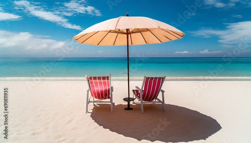 Two chairs and umbrella and blue sky 