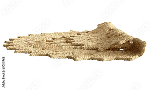Natural braided round jute rug with a floral pattern. 3d render