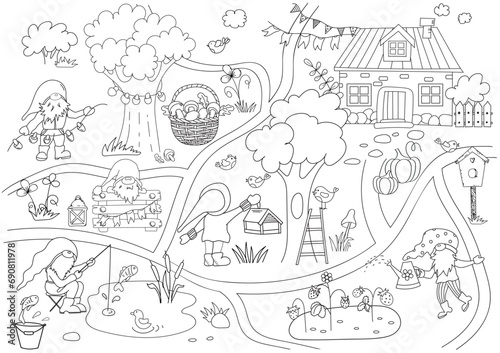 Coloring Page For Children With A Gnome City Where One Gnome Fishes, Another Waters Strawberries Making It A Perfect Vector Illustration For Children'S Creativity In A Coloring Book