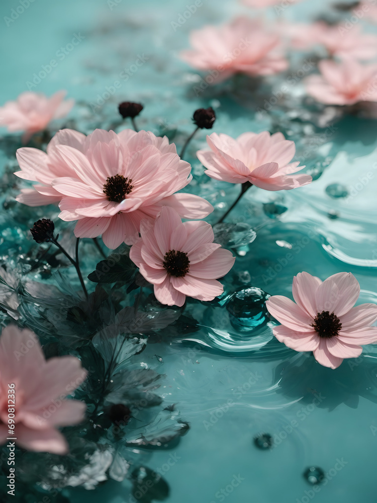 Pink flowers in turquoise water.