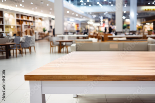 desk in office empty white table top model, wood grain, white light blurred background