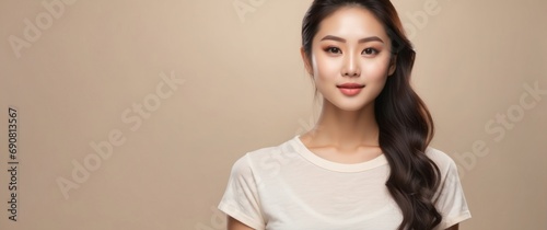 Young Asian woman with clean healthy glowing skin in white top isolated on beige background. Facial skin care concept, spa, cosmetology