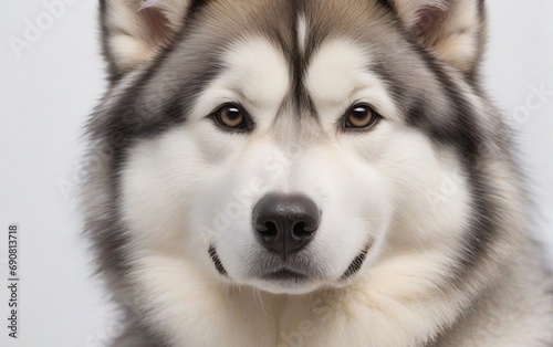 Primer plano de perro de raza husky siberiano sobre fondo blanco 