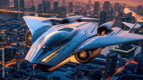 A Futuristic Modern Aircraft Flying on Metro City on Blurry Background © AI Lounge