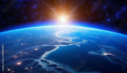 Blue sunrise, view of earth from space. Sunset In Orbit