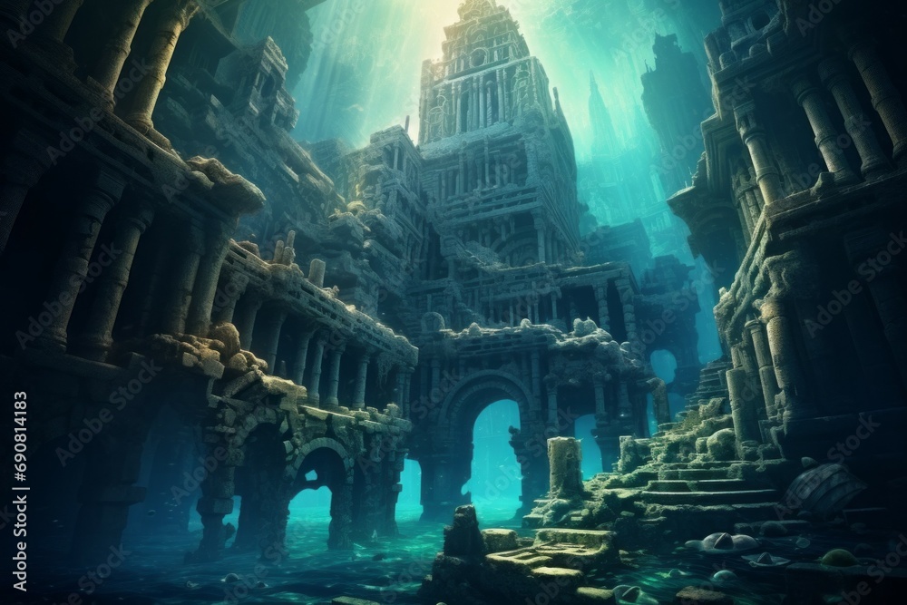 Naklejka premium Legendary Atlantis. The sunken continent of an ancient highly developed civilization. Underwater historical discoveries