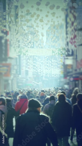 busy high street with people shopping, crowd, pedestrians, anonymous people walking in the city center, cross processing look