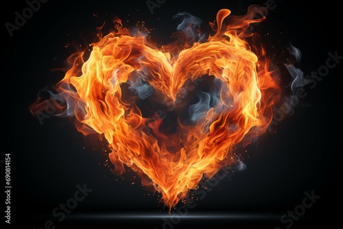 Fire flame in the shape of a heart. Background with selective focus with copy space