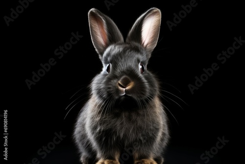 Close-up Portrait of a Cute Domestic Rabbit with Whiskers on Black Background with selective focus and copy space