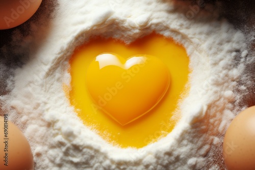 Raw egg and flour in heart shape with selective focus and copy space photo